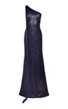 Naeem Khan Asymmetric Stretch-sequin Gown In Navy