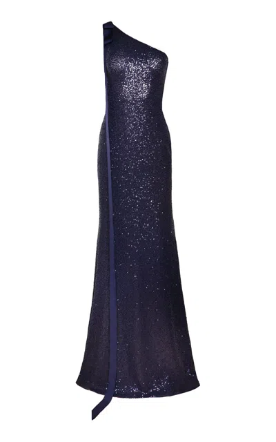 Naeem Khan Asymmetric Stretch-sequin Gown In Navy