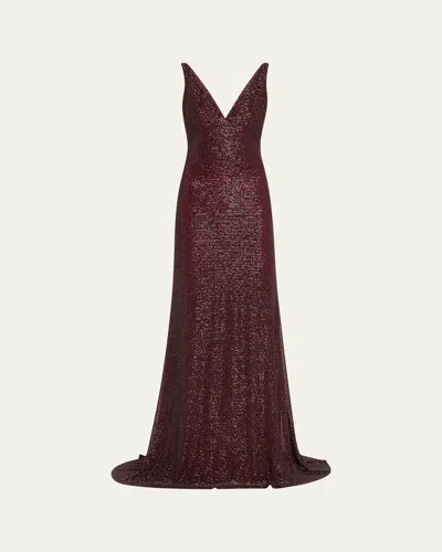 Naeem Khan Bead Sequined V-neck Cowl Back Gown In Burgundy