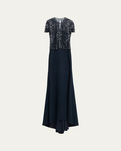 Naeem Khan Beaded Bodice Cap-sleeve Fit-and-flare Crepe Gown In Blue