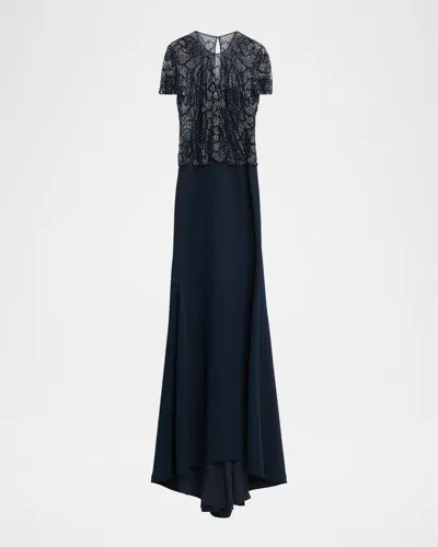 Naeem Khan Beaded Bodice Cap-sleeve Fit-and-flare Crepe Gown In Blue