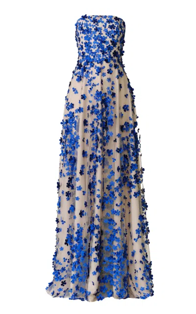 Naeem Khan Beaded Floral Bustier Strapless Gown In Blue