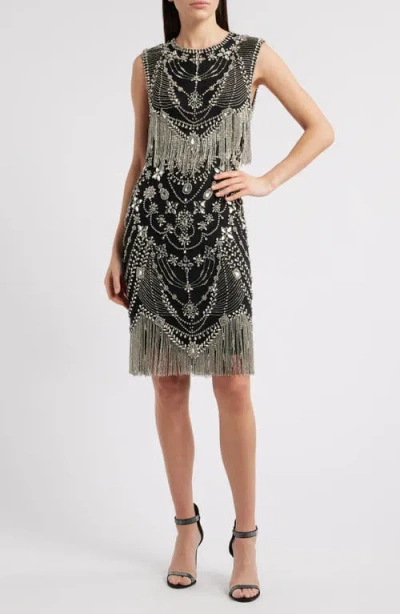 Naeem Khan Beaded Fringe Cocktail Dress In Silver