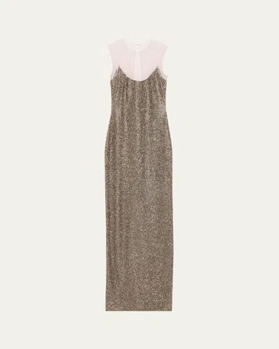 Naeem Khan Beaded Illusion Neckline Gown In Gunmetal