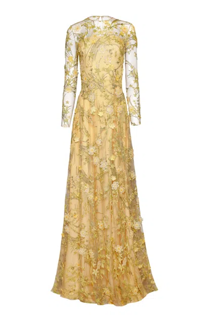 Naeem Khan Beaded Illusion Tulle-blend Gown In Yellow