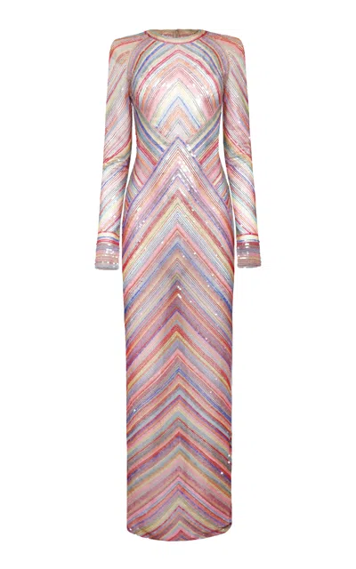 Naeem Khan Beaded Striped Gown In Multi