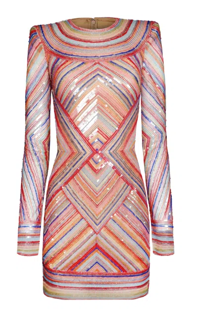 Naeem Khan Beaded Striped Illusion Dress In Multi