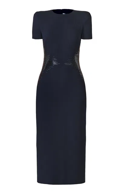 Naeem Khan Beaded Waist Cap Sleeve Crepe Cocktail Dress In Blue