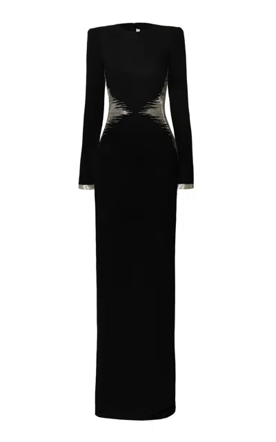 Naeem Khan Beaded Waist Long Sleeve Crepe Column Gown In Black