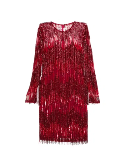 Naeem Khan Beaded-fringe Dress In Red
