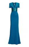 Naeem Khan Belted Embellished Crepe Gown In Turquoise