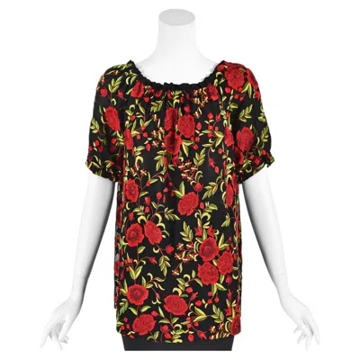Pre-owned Naeem Khan Black Silk Chiffon Peasant Blouse With Red Rose Embroidery, Sz M Nwot