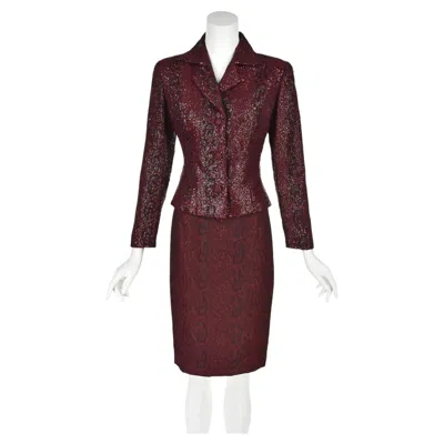 Pre-owned Naeem Khan Burgundy & Black Reptile Jacquard Beaded Jacket & Skirt Suit, Sz 2/4 In Red