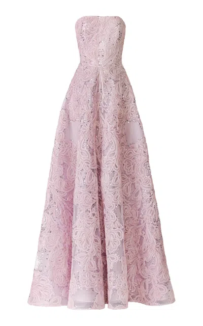 Naeem Khan Bustier Sequined Raffia Gown In Pink