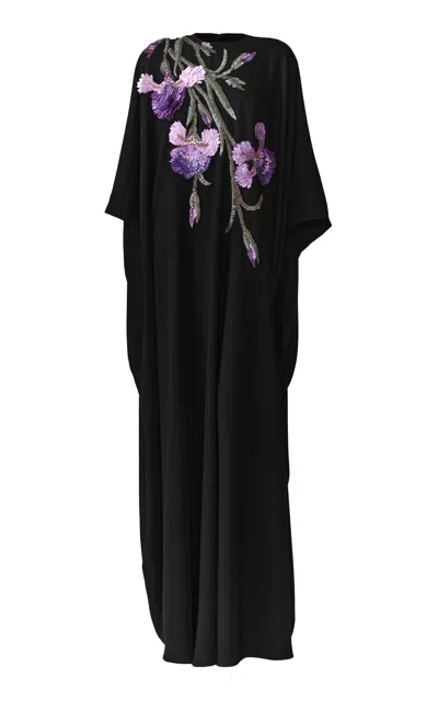 Naeem Khan Caftan Floral Applique Maxi Dress In Black