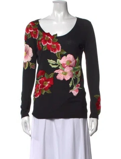 Pre-owned Naeem Khan Cashmere Floral Print Sweater In Black