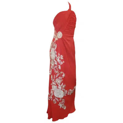 Pre-owned Naeem Khan Coral Silk One Shoulder Gown W/ White Floral Beading & Shawl - 12
