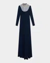 Naeem Khan Crystal Beaded Crepe Long-sleeve Illusion Gown In Blue