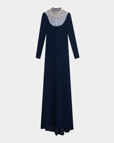 Naeem Khan Crystal Beaded Crepe Long-sleeve Illusion Gown In Black