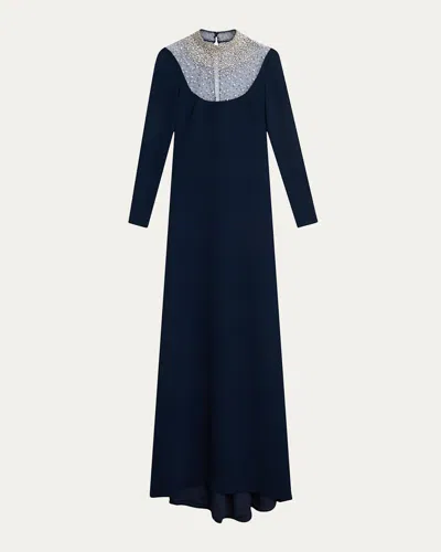 Naeem Khan Crystal Beaded Crepe Long-sleeve Illusion Gown In Black