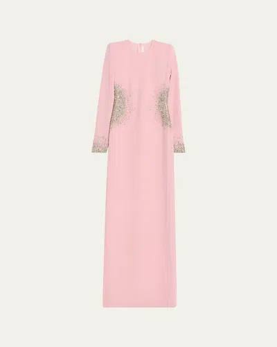 Naeem Khan Crystal Crepe Long-sleeve Strong-shoulder Gown In Pink/silver
