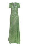 Naeem Khan Draped Stretch Sequin Maxi Dress In Green