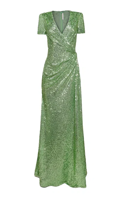 Naeem Khan Draped Stretch Sequin Maxi Dress In Green