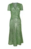 Naeem Khan Draped Stretch Sequin Midi Dress In Green