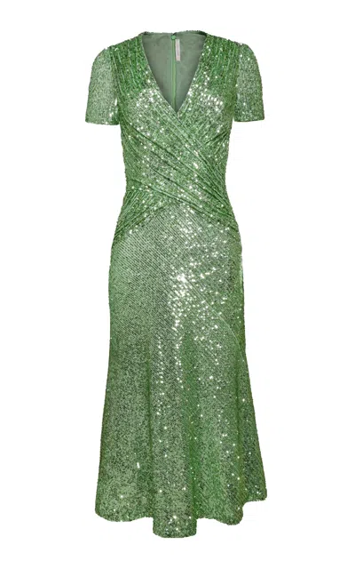 Naeem Khan Draped Stretch Sequin Midi Dress In Green