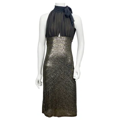 Pre-owned Naeem Khan Early 2000's Iridescent Grey Metallic Sequin Dress-size 6 In Gray