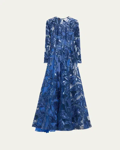 Naeem Khan Embroidered Floral Beaded Tulle Gown In Blue