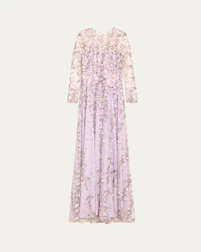Naeem Khan Embroidered Floral Tulle Gown In Lilacmulti