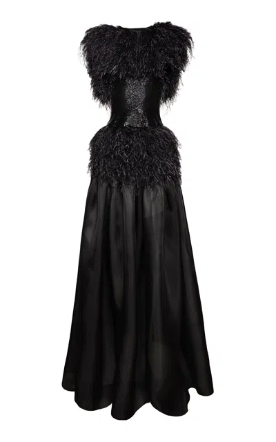 Naeem Khan Feather-trimmed Satin Gown In Black