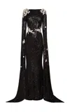 Naeem Khan Floral Applique Cascading Gown In Black,white