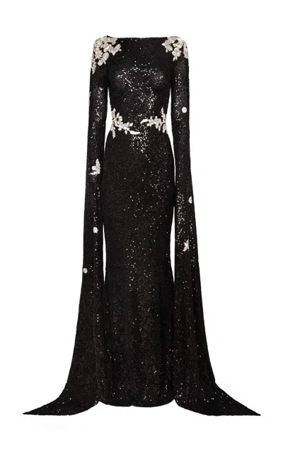 Naeem Khan Floral Applique Cascading Gown In Black,white