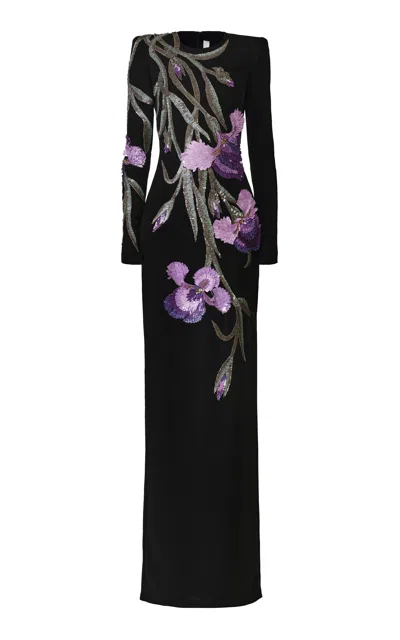 Naeem Khan Floral Applique Crepe Gown In Black