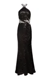 Naeem Khan Floral Applique Halter Gown In Black,white