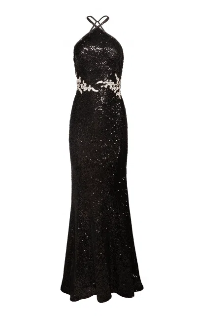 Naeem Khan Floral Applique Halter Gown In Black,white