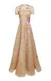 Naeem Khan Floral Appliqué Illusion Raffia Tulle-blend Gown In Multi