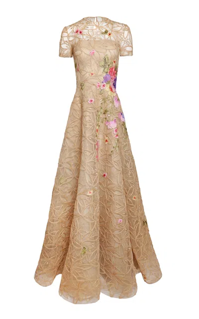 Naeem Khan Floral Appliqué Illusion Raffia Tulle-blend Gown In Multi
