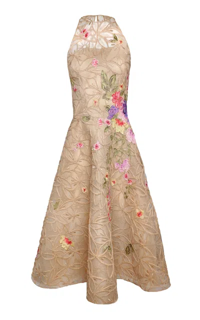 Naeem Khan Floral Appliqué Illusion Raffia Tulle-blend Midi Dress In Pattern