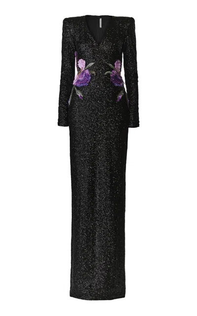 Naeem Khan Floral Applique Sequined Gown In Blue