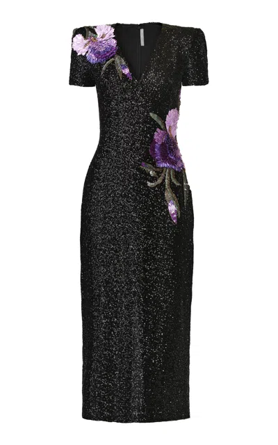 Naeem Khan Floral Applique Sequined Midi Dress In Black