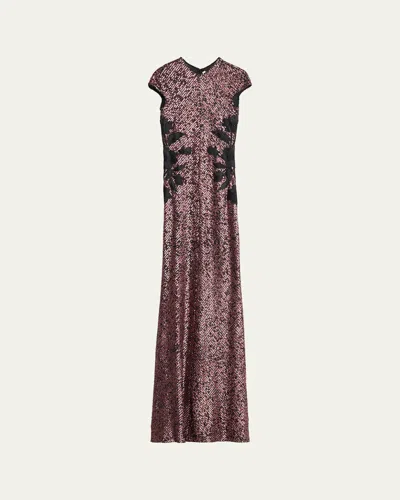 Naeem Khan Floral Applique Short-sleeved Sequin Gown In Pink