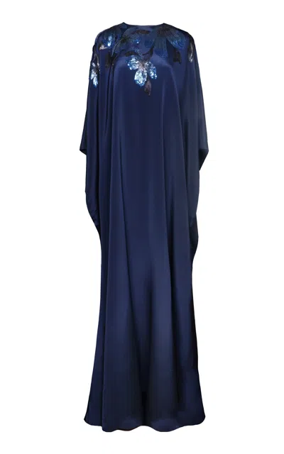 Naeem Khan Floral-applique Silk Caftan In Blue