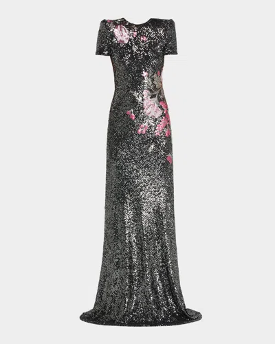 Naeem Khan Floral Applique Stretch Sequin Cap-sleeve Gown In Black