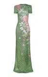Naeem Khan Floral Appliqué Stretch Sequin Maxi Dress In Green