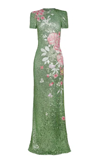 Naeem Khan Floral Appliqué Stretch Sequin Maxi Dress In Green