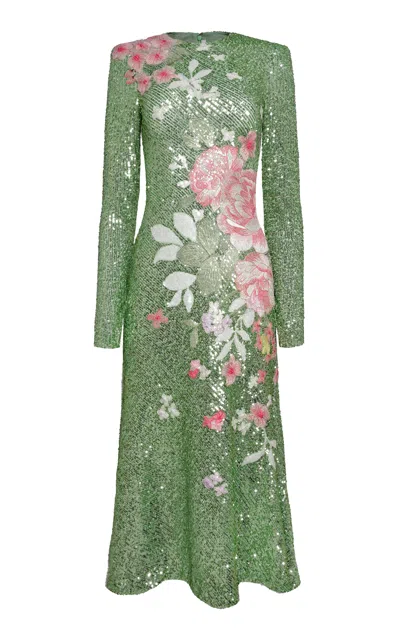 Naeem Khan Floral Appliqué Stretch Sequin Midi Dress In Green