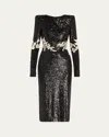 Naeem Khan Floral Applique Stretch Sequined Strong-shoulder Midi Dress
